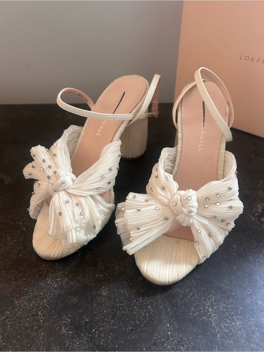 Loeffler Randall Ivory Crystal-Knot Slingback Heels with Pearl